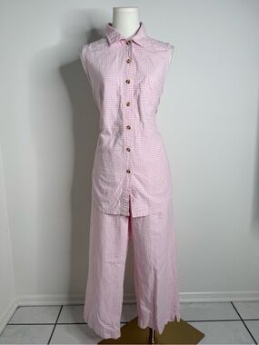 Stephanie Rogers Pink Gingham Sleeveless Button-Front Jumpsuit